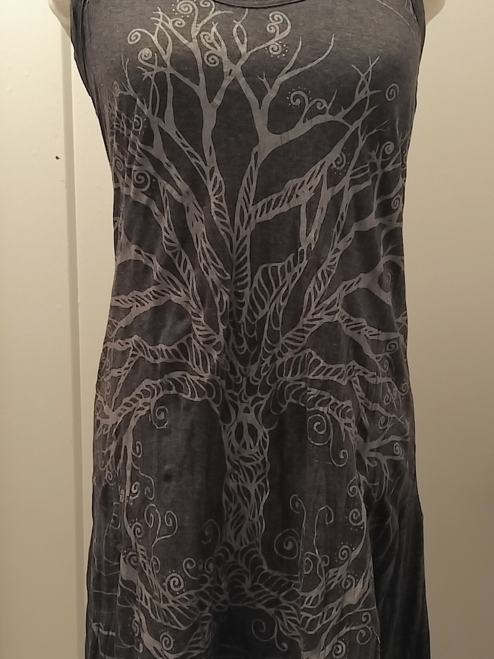 Gray Sleeveless Tree-Print Tank Dress